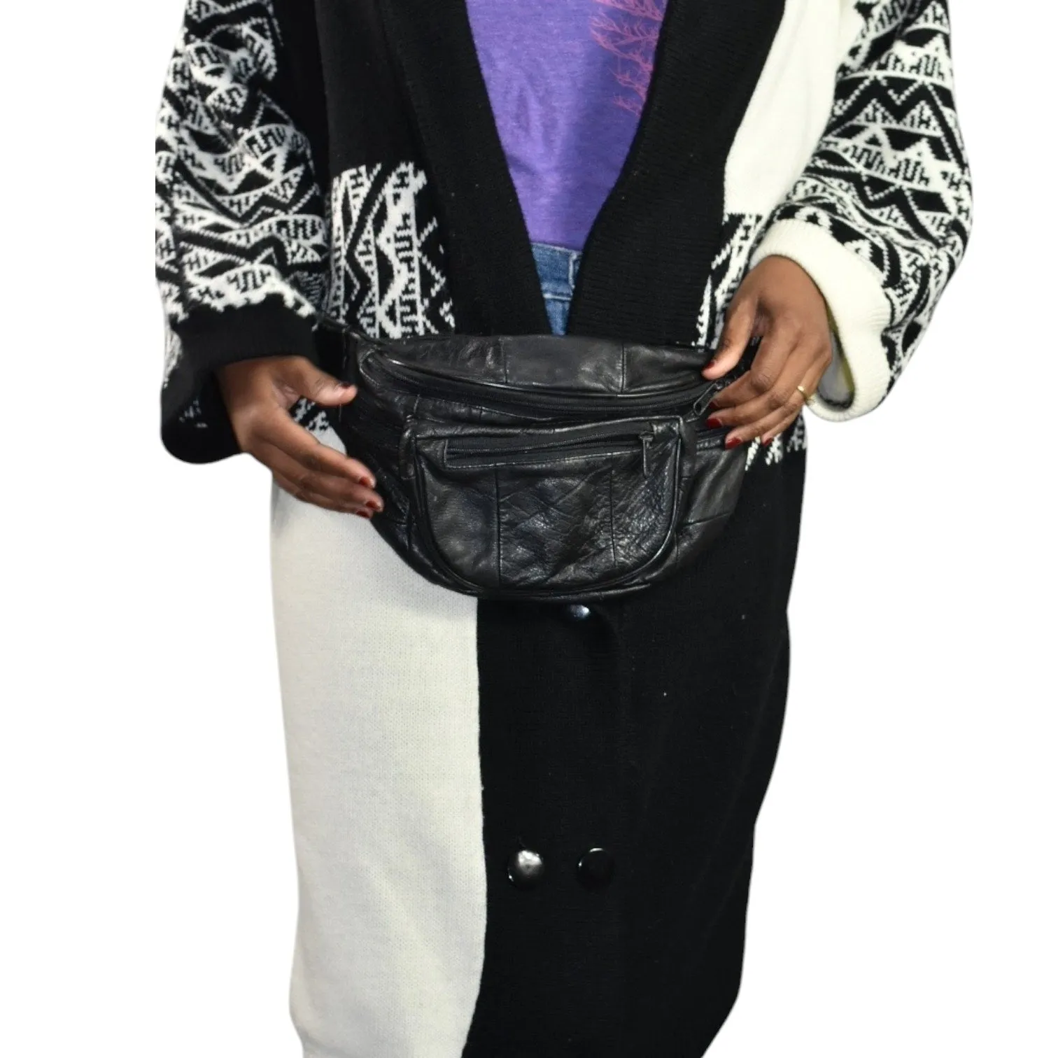 Leather Fanny Pack Black Adjustable Bum Belt Waist Pouch Retro Sling Waist Bag Unisex