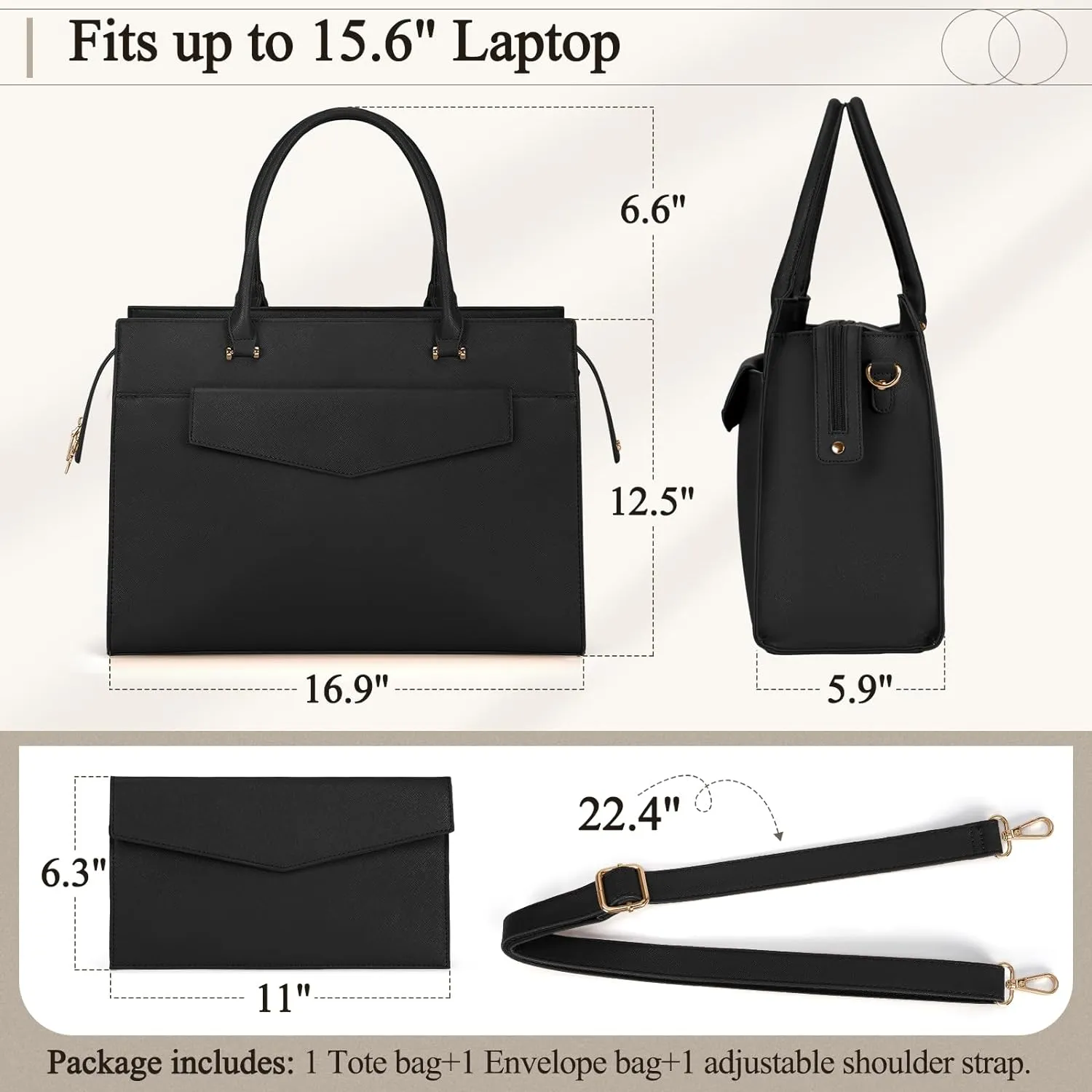 Leather Tote Bag Set - 15.6 inch Laptop Bag with Clutch Purse, Black