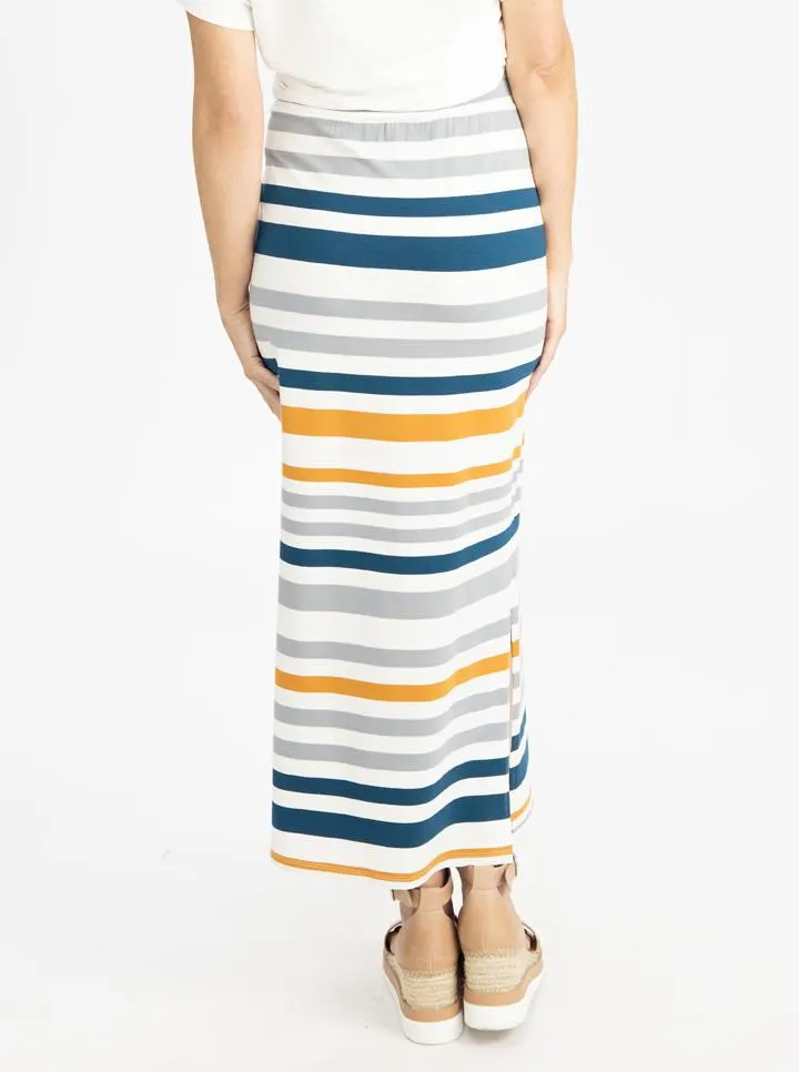 Long Maternity Skirt in White, Orange and Blue Stripes