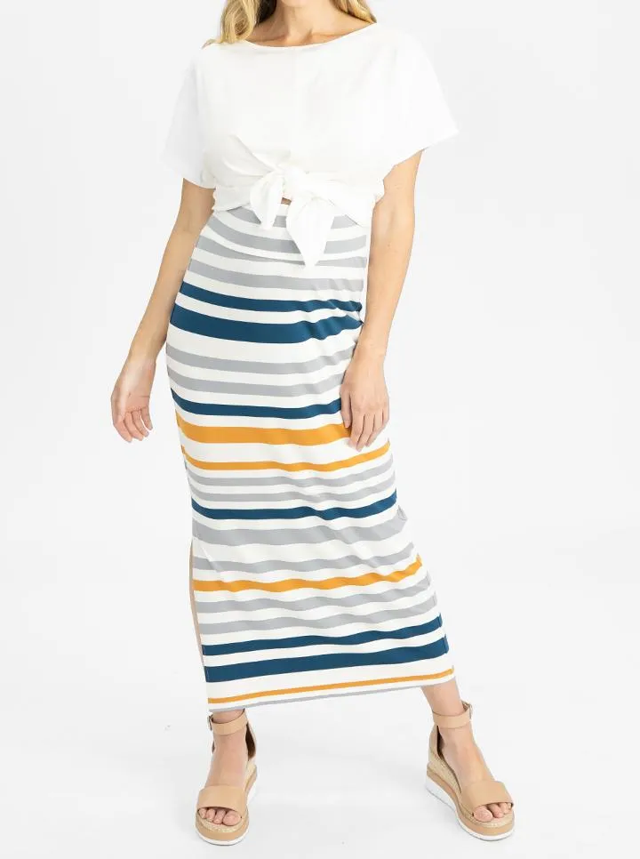 Long Maternity Skirt in White, Orange and Blue Stripes