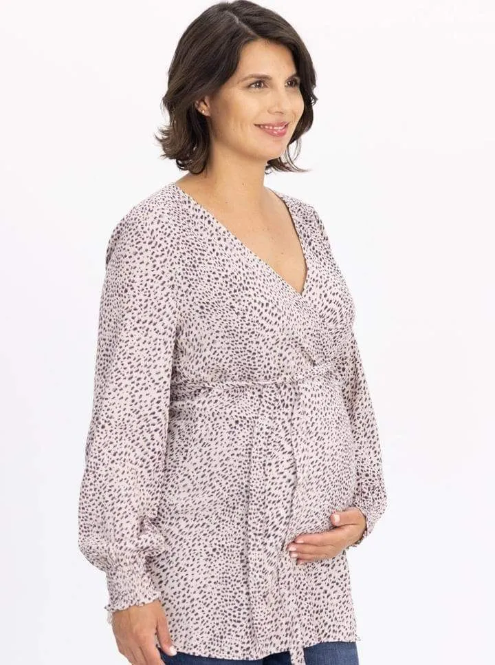 Long Sleeve Maternity Wrap Blouse in Animal Print - Pink