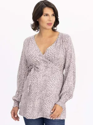 Long Sleeve Maternity Wrap Blouse in Animal Print - Pink
