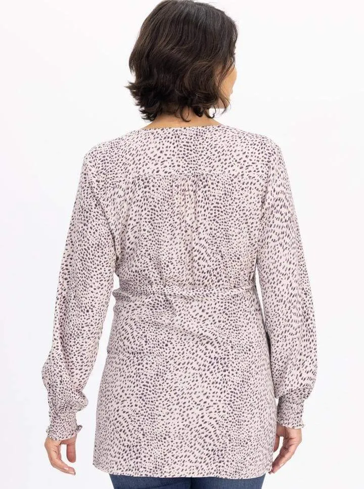 Long Sleeve Maternity Wrap Blouse in Animal Print - Pink