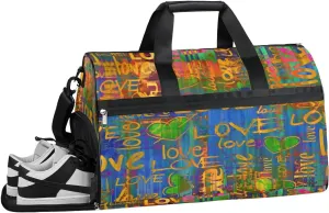 Love Heart Rustic Pattern Gym Duffle Bag for Women Men 35L Sports Bags Travel Duffel with Shoe Compartment Large Weekender Overnight