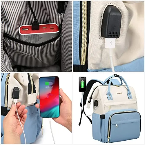 LOVEVOOK Laptop Backpack for Women Fashion Business Computer Backpacks Travel Bags Purse Doctor Nurse Work Backpack with USB Port, Fits 15.6-Inch Laptop Beige-Light Blue