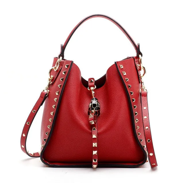 Luxe Riveted Leopard Head Lock Leather Bucket Bag - 7 Colors