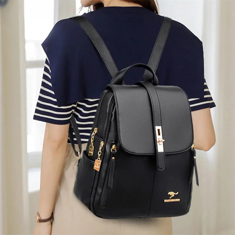 Luxury Women's Leather Backpack - Black Vintage School Bag