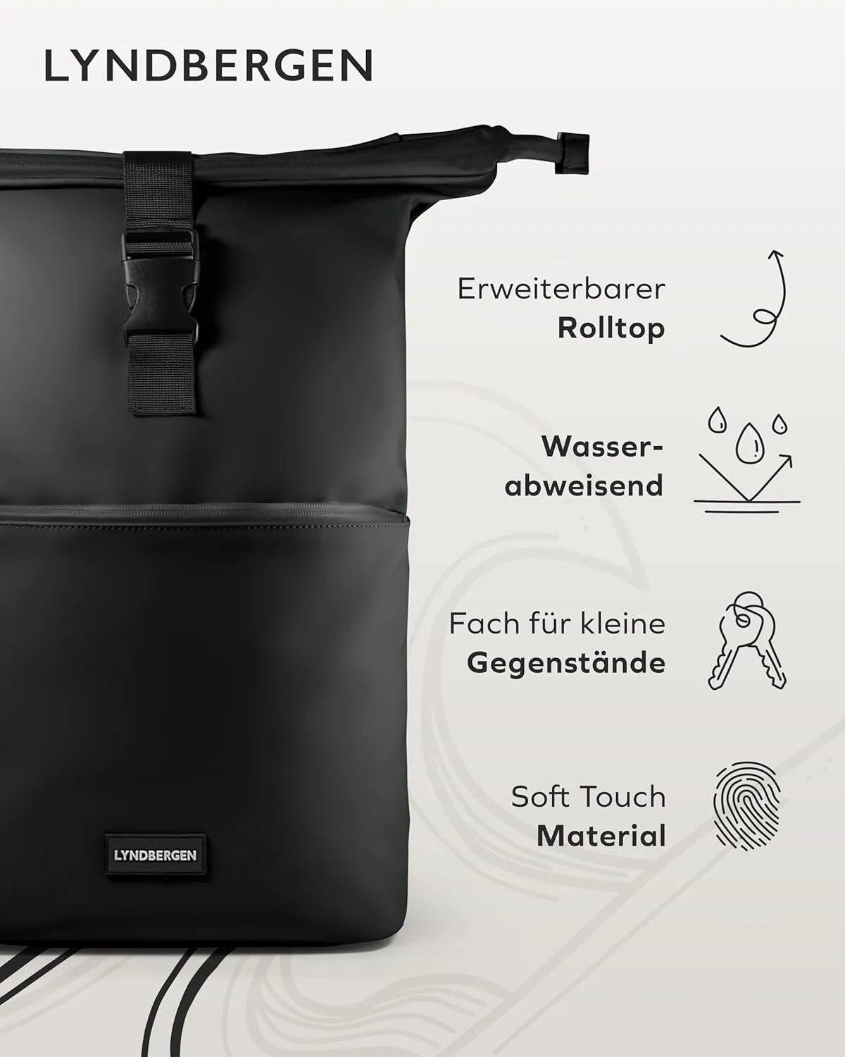 LYNDBERGEN Rolltop Backpack Men & Women - Fyn - Medium I Rolltop Backpack Waterproof 16L - 21L I Laptop Backpack with 17 Inch Laptop Compartment I Bicycle Backpack Reflective - Theft-Proof