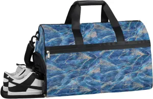 Marble Pattern Blue Gold Gym Duffle Bag for Women Men 35L Sports Bags Travel Duffel with Shoe Compartment Large Weekender Overnight