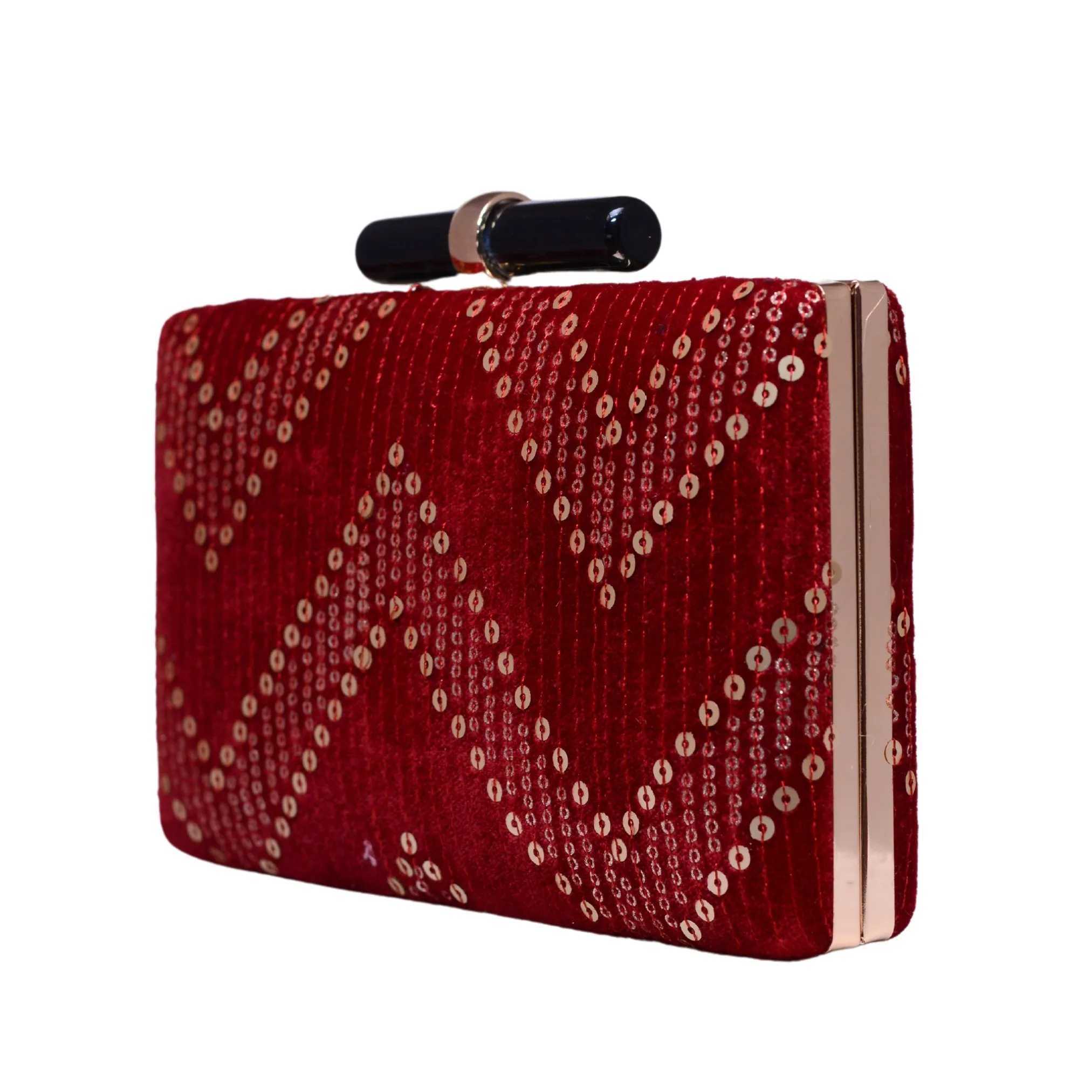 Maroon Zigzag Sequins Embroidery Party Clutch