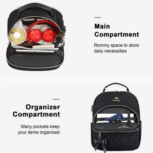MATEIN Mini Backpack for Women, Waterproof Stylish Daypack Purse Shoulder Bag with USB Charging Port, Lightweight Small Casual Daily Travel Backpack for Ladies Teen Girls, 2pcs Sets, Black
