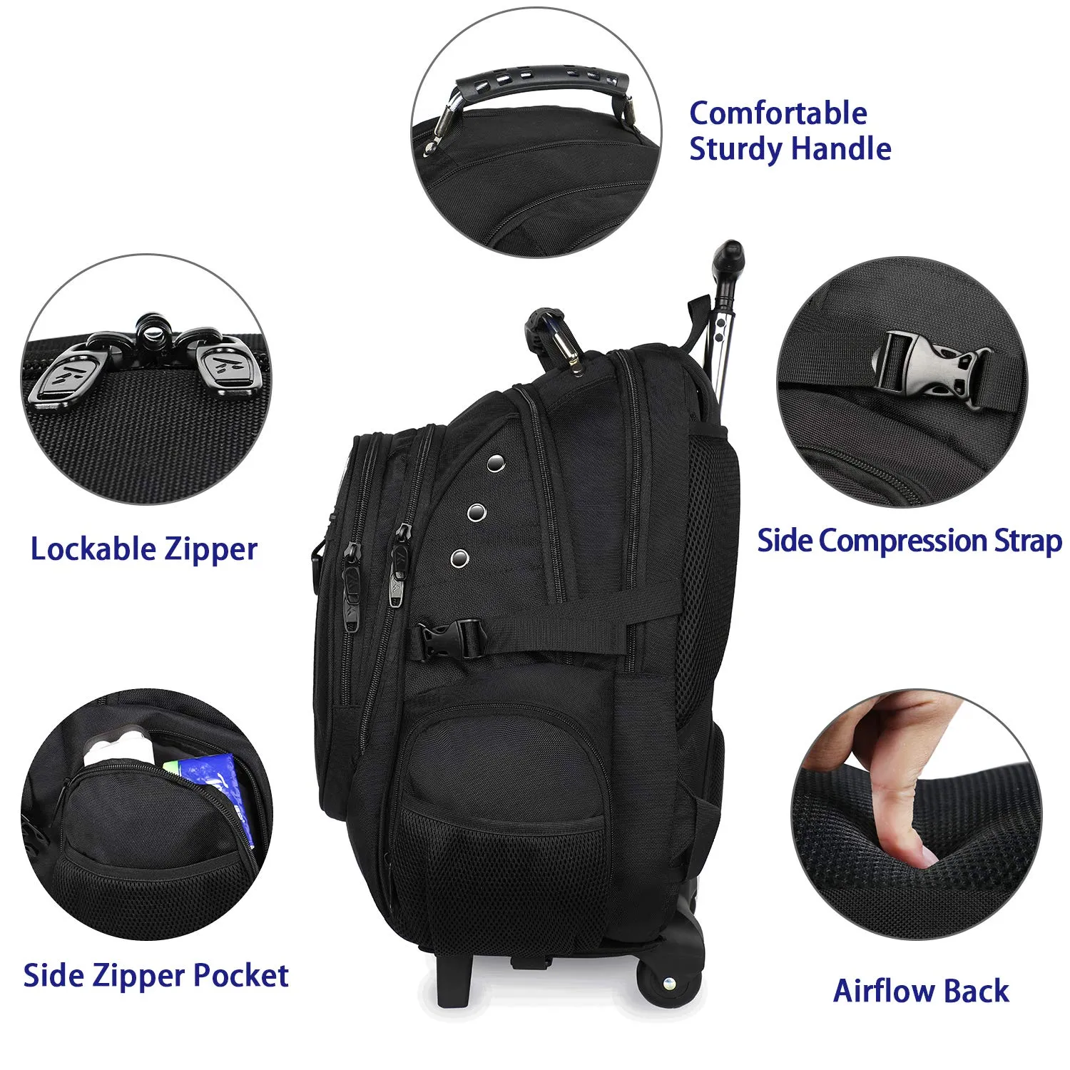 Matein Rolling Backpack, Travel Backpack with Removable Wheels for Men and Women, Roller Backpack fit 17 inch Laptop for Business, School, College, Black