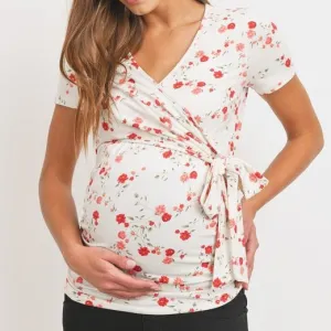 Maternity Wrap Top - Field of Poppies Floral in White