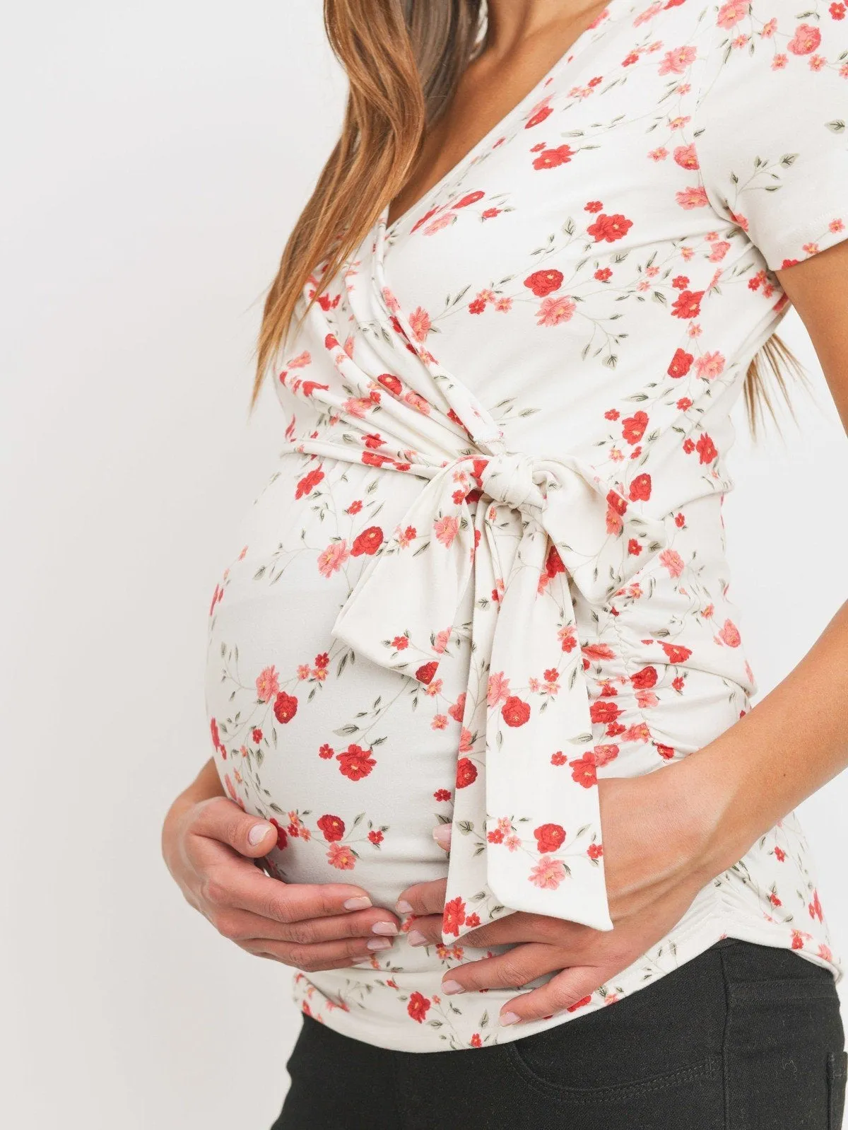 Maternity Wrap Top - Field of Poppies Floral in White