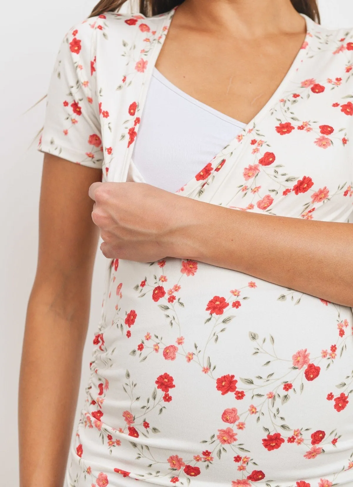 Maternity Wrap Top - Field of Poppies Floral in White