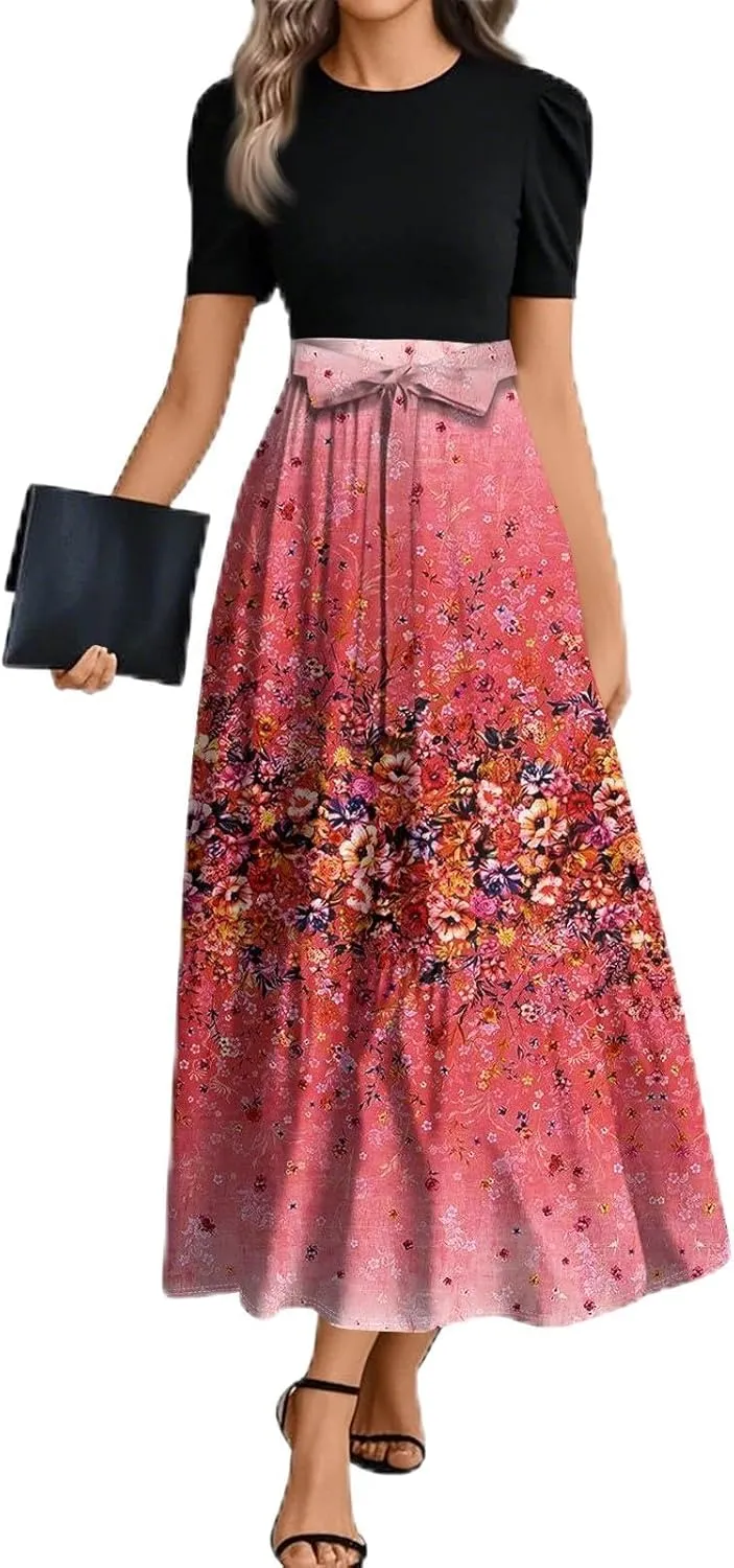 Maxi Flower Print 2025 Dresses for Women, Beach Boho Jumpsuits for Women Trendy Bow Crew Neck Womens Romper