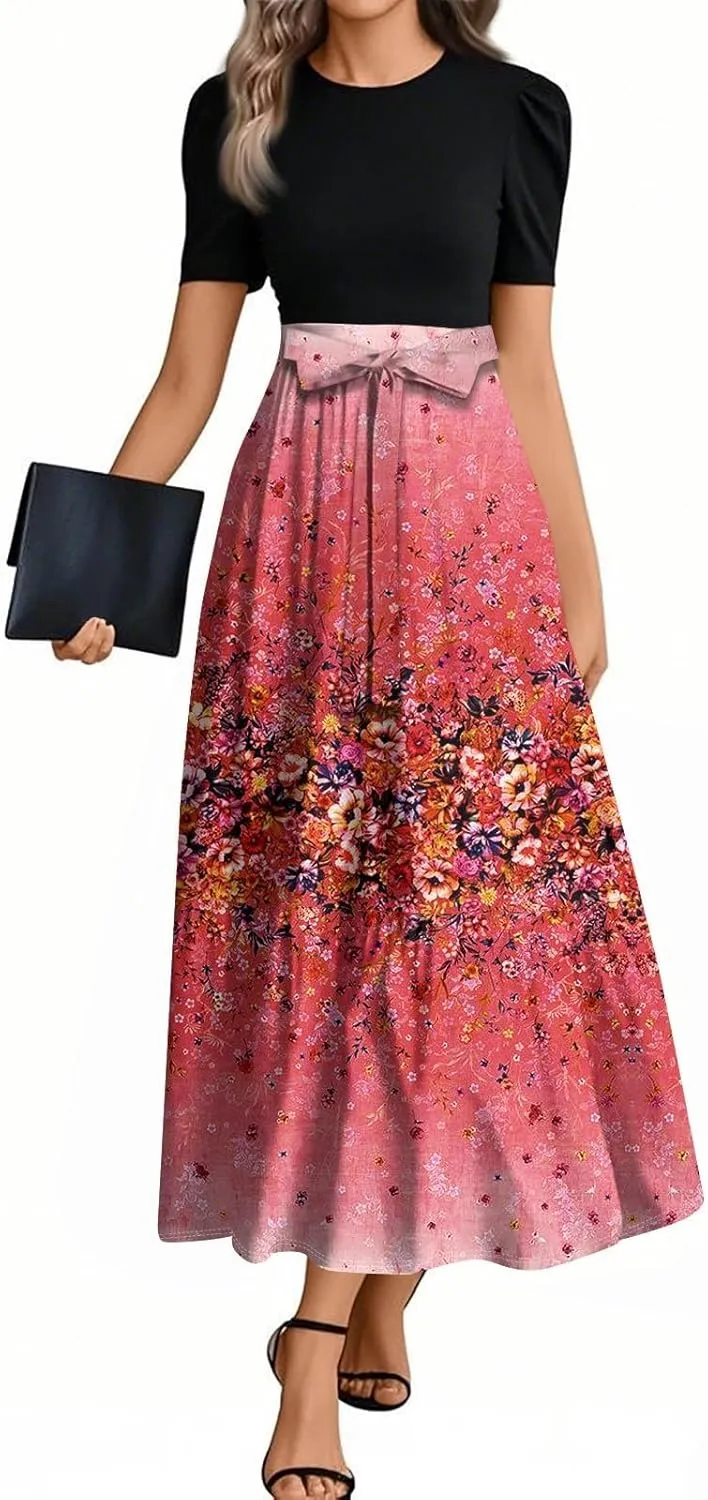 Maxi Flower Print 2025 Dresses for Women, Beach Boho Jumpsuits for Women Trendy Bow Crew Neck Womens Romper