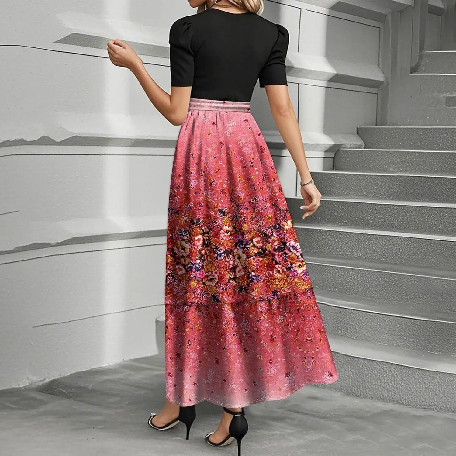Maxi Flower Print 2025 Dresses for Women, Beach Boho Jumpsuits for Women Trendy Bow Crew Neck Womens Romper