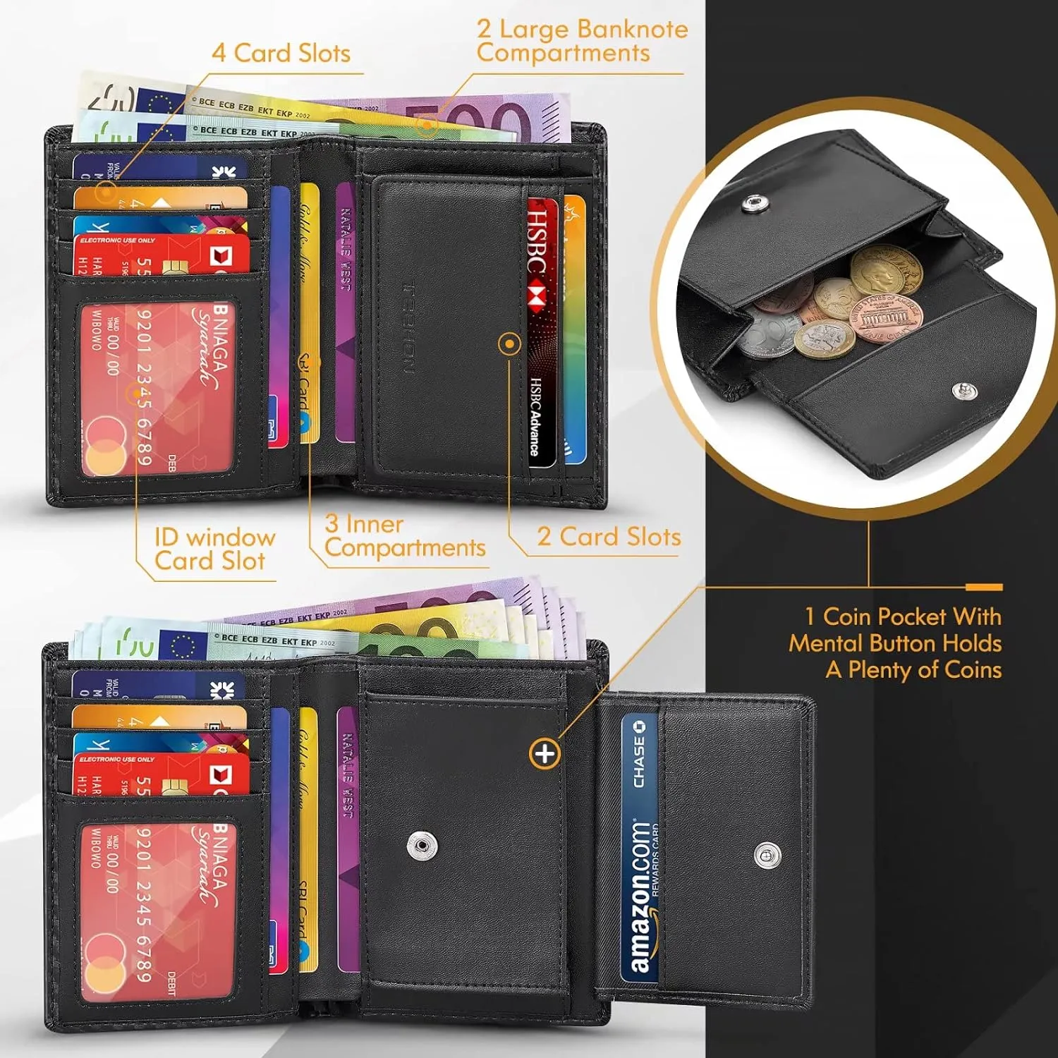 Mens Carbon Fibre Leather Bifold Wallet With ID Windows 2 Banknote Compartments