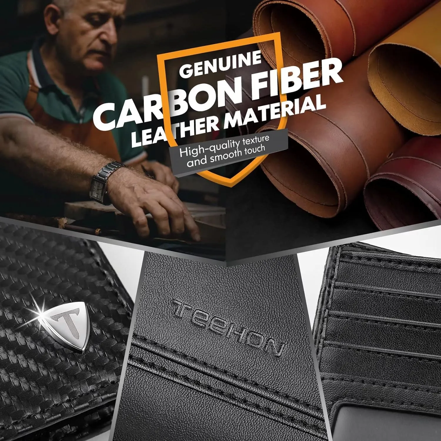 Mens Carbon Fibre Leather Bifold Wallet With ID Windows 2 Banknote Compartments