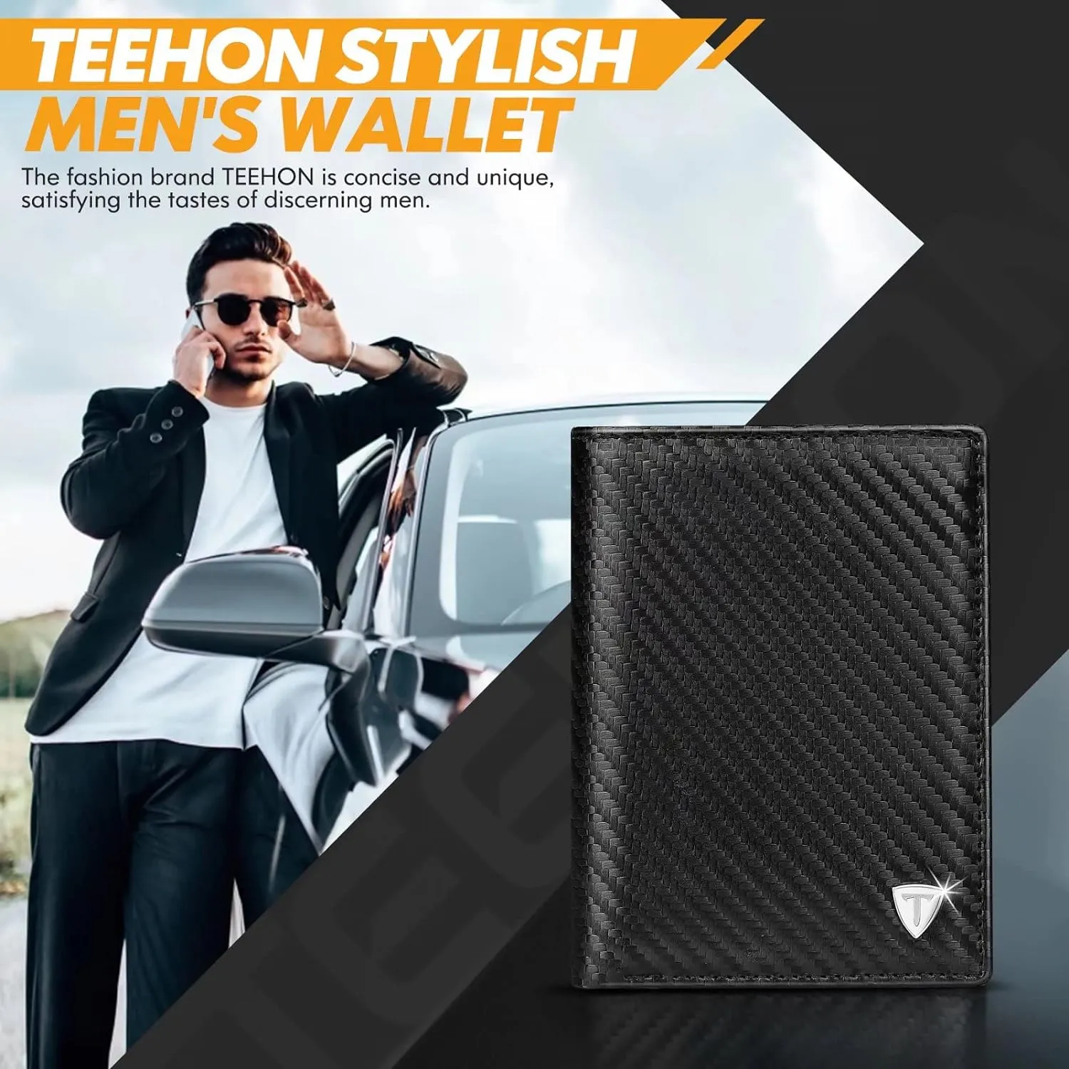 Mens Carbon Fibre Leather Bifold Wallet With ID Windows 2 Banknote Compartments