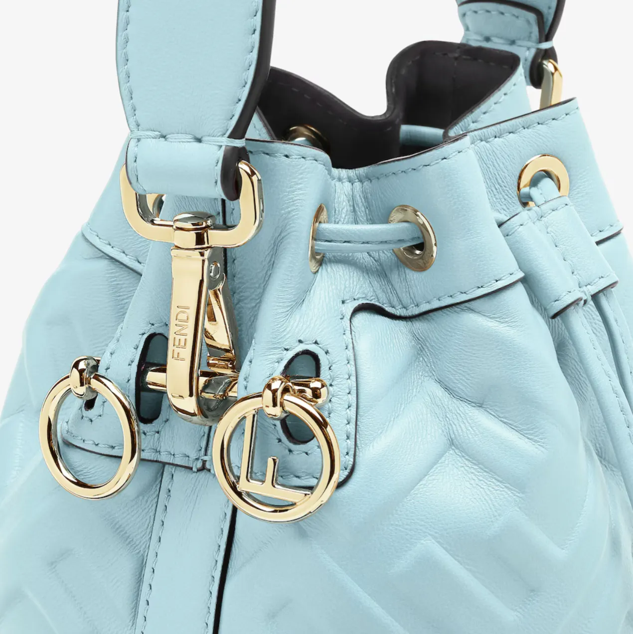 MON TRESOR LEATHER MINI BUCKET BAG WITH FF MOTIF - LIGHT BLUE