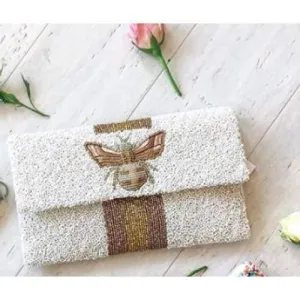 Moyna Beaded 3d Bee Clutch |White with Gold/ Bronze
