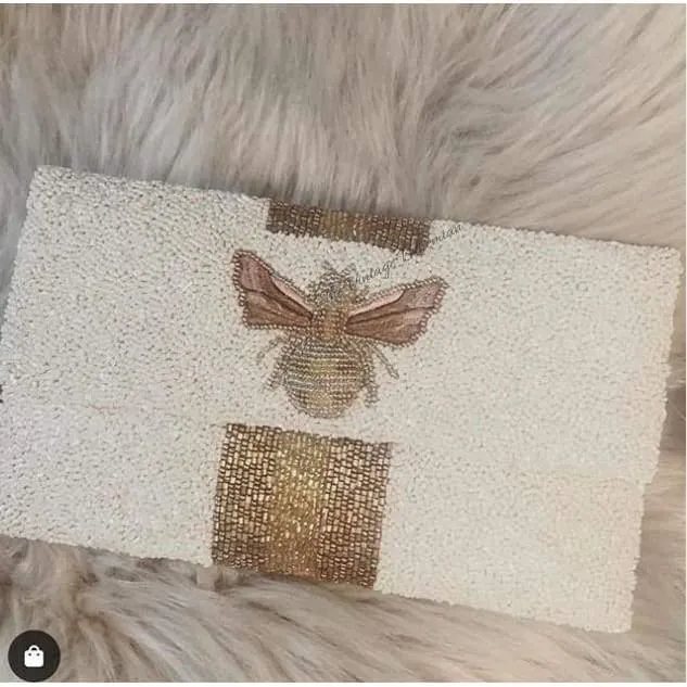 Moyna Beaded 3d Bee Clutch |White with Gold/ Bronze