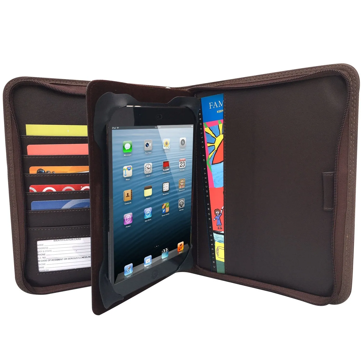 MSP Brown Organizer Padfolio with 8" Tablet Sleeve and Zipper Closure, Multiple Slots- PU Leather