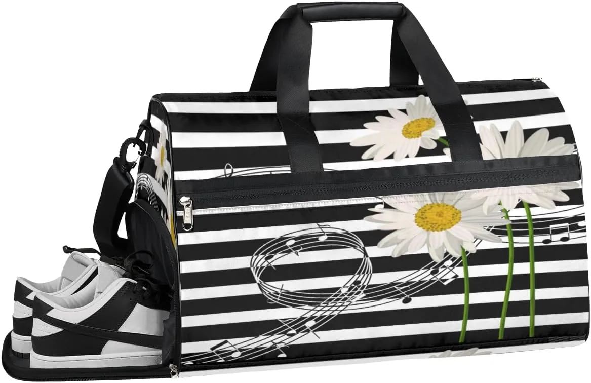 Music Notes Daisy Gym Duffle Bag for Women Men 35L Sports Bags Travel Duffel with Shoe Compartment Large Weekender Overnight