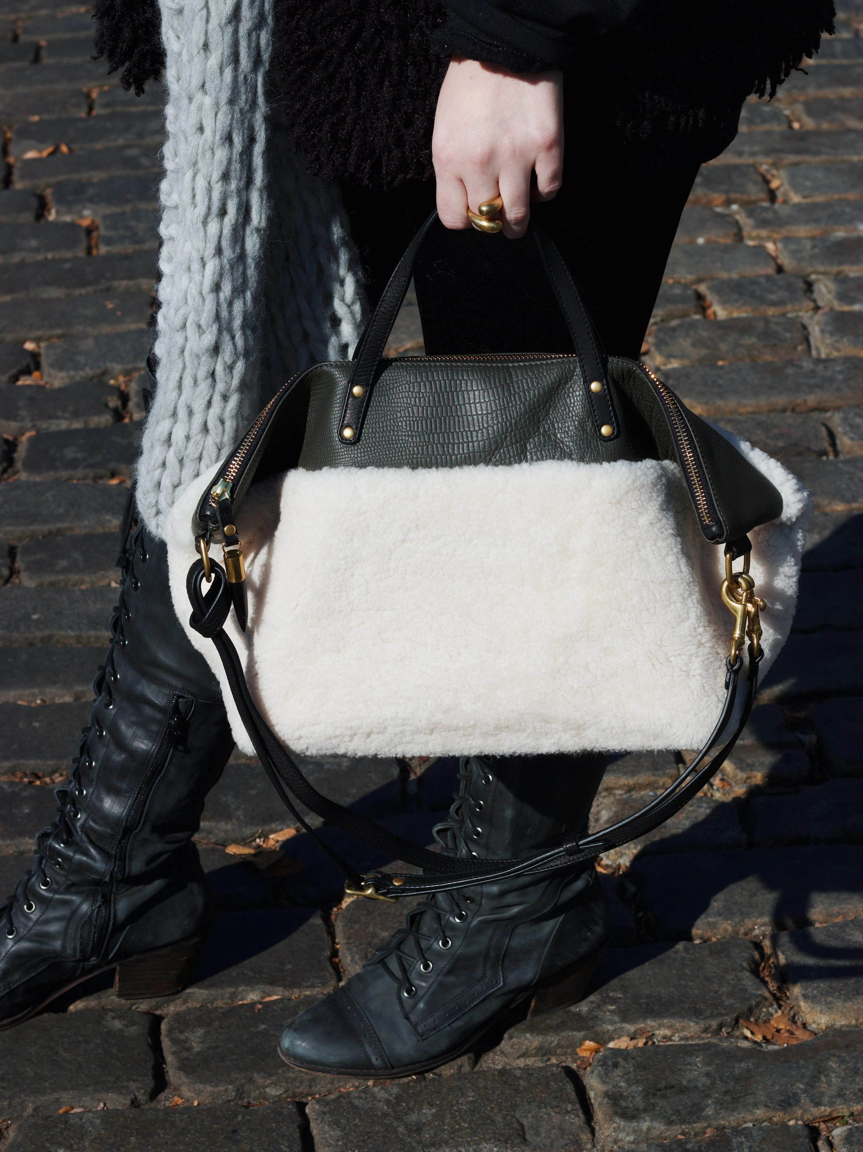 Natural Shearling Olive Petite Lizard Devon Holdall