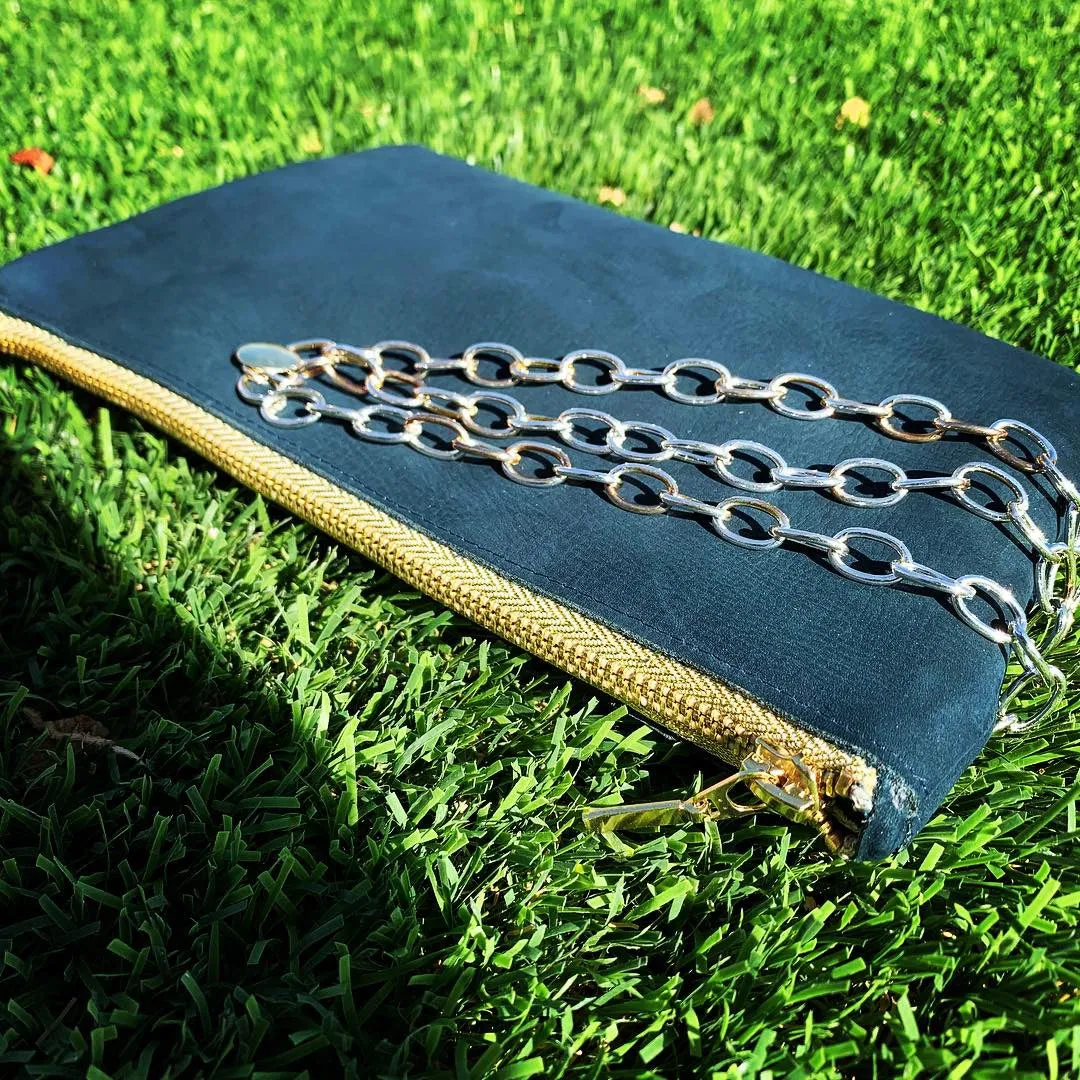 Navy Leather Chain Clutch