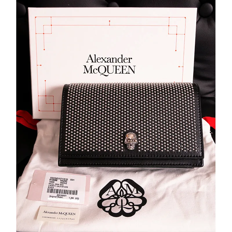NEW $1390 ALEXANDER MCQUEEN Black STUDDED Leather SKULL Crossbody FLAP BAG NIB
