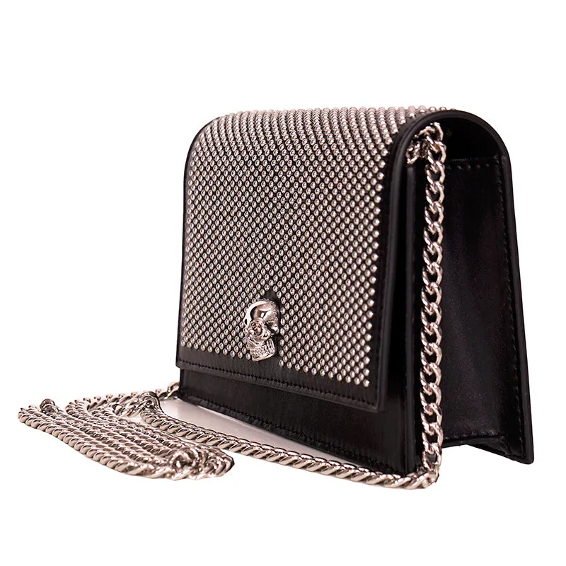 NEW $1390 ALEXANDER MCQUEEN Black STUDDED Leather SKULL Crossbody FLAP BAG NIB