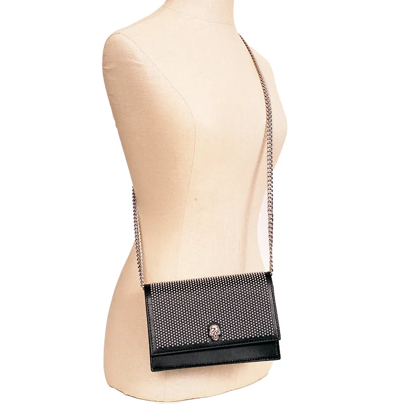 NEW $1390 ALEXANDER MCQUEEN Black STUDDED Leather SKULL Crossbody FLAP BAG NIB