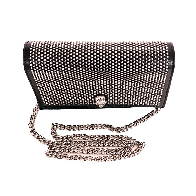 NEW $1390 ALEXANDER MCQUEEN Black STUDDED Leather SKULL Crossbody FLAP BAG NIB