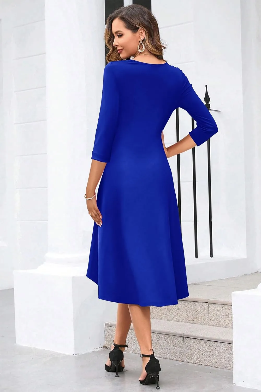 Nmoder Midi Dresses for Women 3/4 Sleeve Ruched Waist A Line Semi Formal Dress Elegant Church Cocktail Party Dress