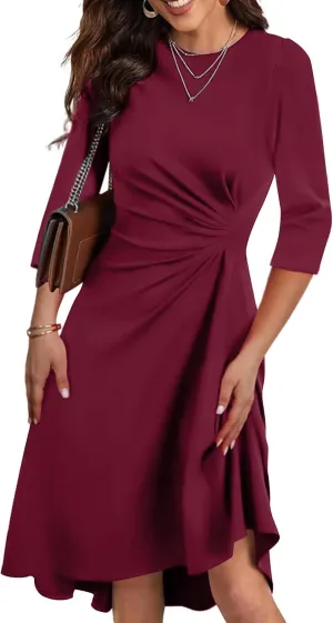 Nmoder Midi Dresses for Women 3/4 Sleeve Ruched Waist A Line Semi Formal Dress Elegant Church Cocktail Party Dress