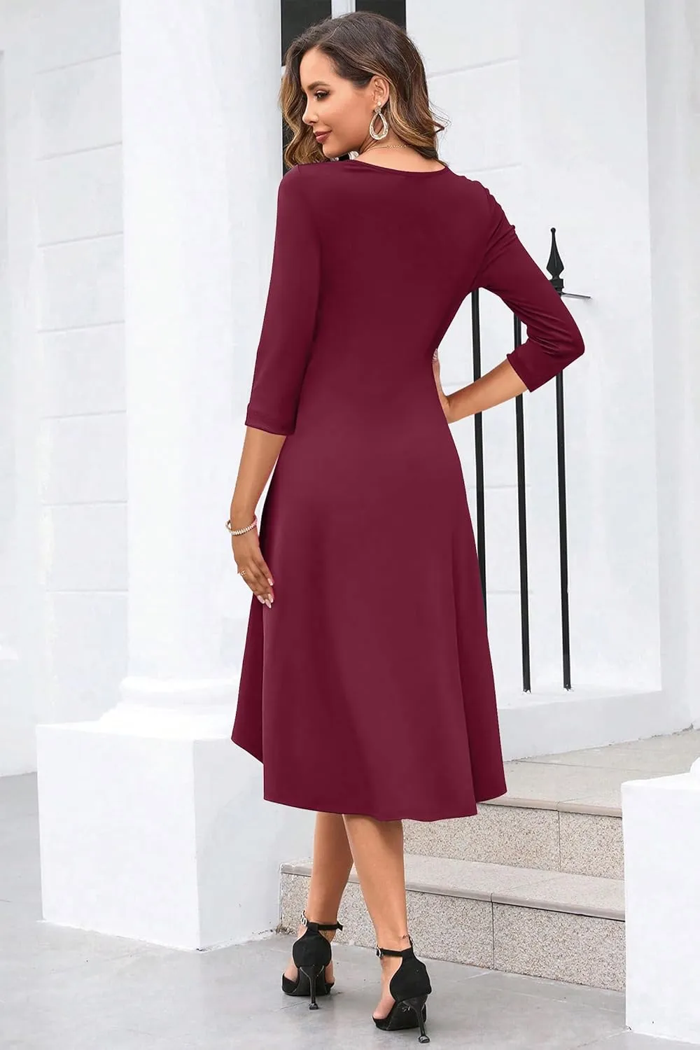 Nmoder Midi Dresses for Women 3/4 Sleeve Ruched Waist A Line Semi Formal Dress Elegant Church Cocktail Party Dress