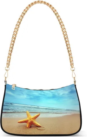 Ocean Sea Beach Starfish Shoulder Handbags for Women Travel Hobo Tote Handbag Women Gold Chain Shoulder Bags Purse with Zipper Closure