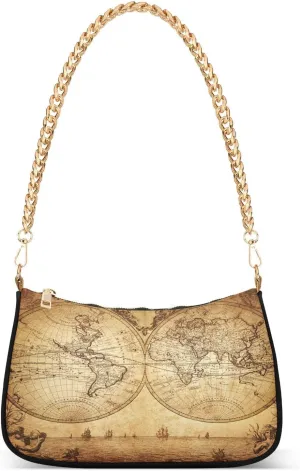 Old Map Vintage Shoulder Handbags for Women Travel Hobo Tote Handbag Women Gold Chain Shoulder Bags Purse with Zipper Closure
