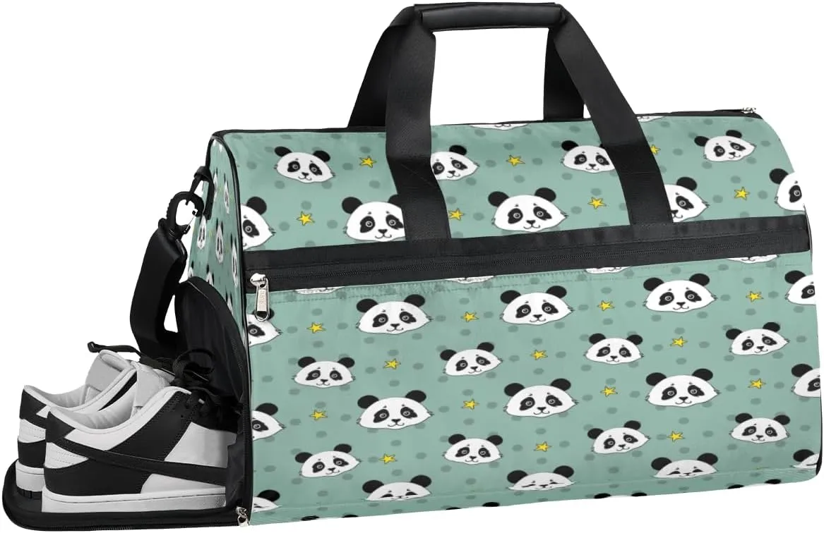 Panda Dots Gym Duffle Bag for Women Men 35L Sports Bags Sage Green Travel Duffel with Shoe Compartment Large Weekender Overnight