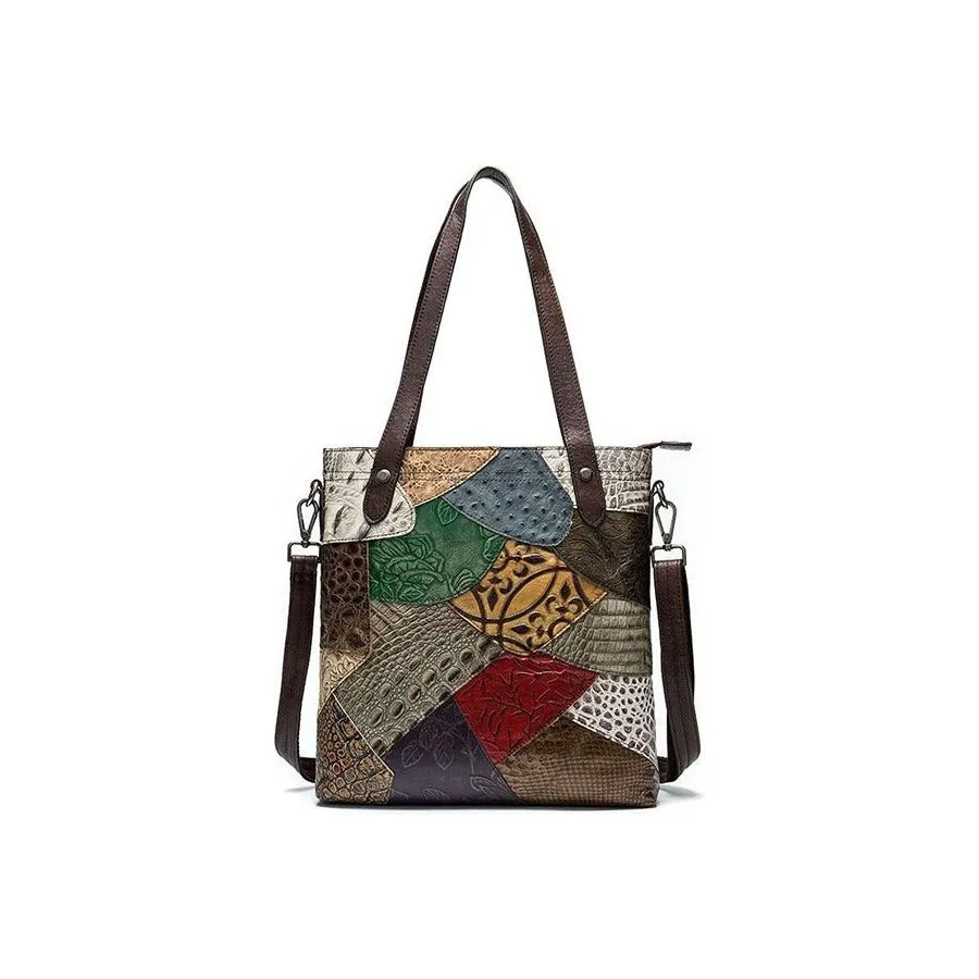 Patchwork Chic Leather Zipper Tote Shoulder Bag