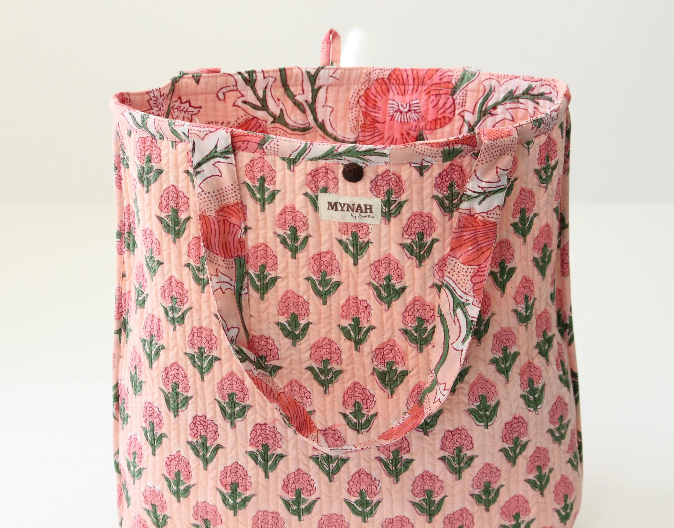 Peach poppies print tote bag-Small laptop size