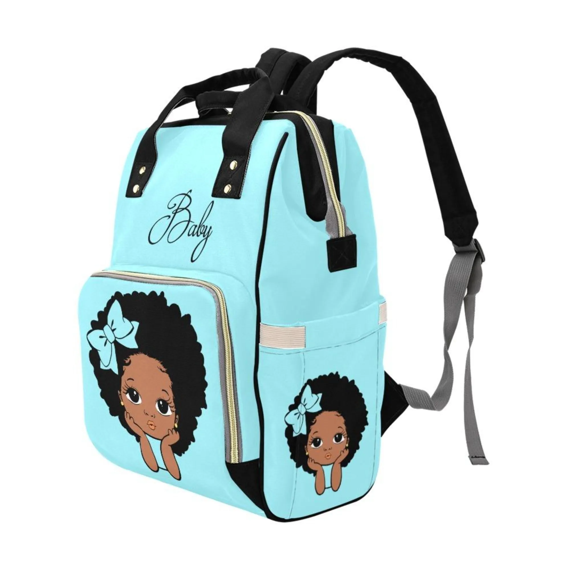 Personalize Optional - Designer Diaper Bags - African American Baby Girl Natural Curls And Electric Blue Bow - Waterproof Multi-Function Backpack