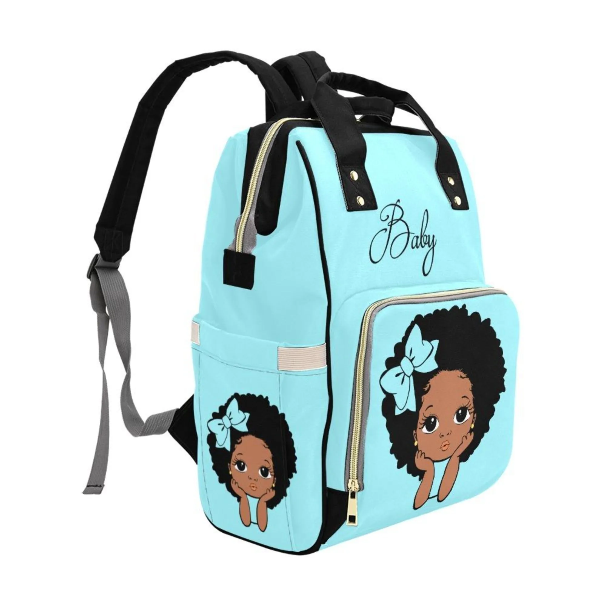 Personalize Optional - Designer Diaper Bags - African American Baby Girl Natural Curls And Electric Blue Bow - Waterproof Multi-Function Backpack