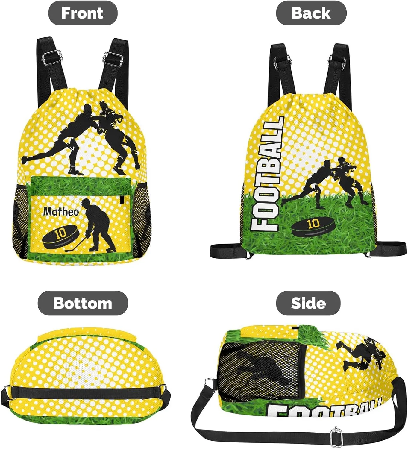 Personalized Drawstring Backpack FOOTBALL Ice Hockey Player Team Number Yellow Bags Sport Gym String Bag Sack Waterproof Swim Festivals Gift for Men Women Adult