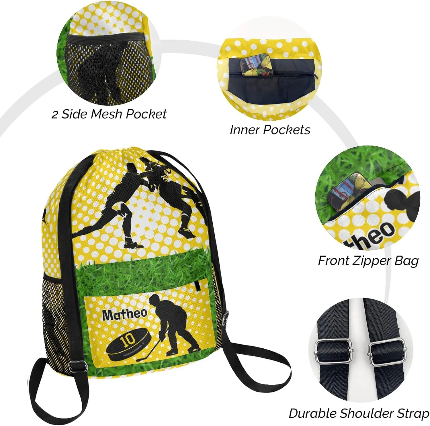 Personalized Drawstring Backpack FOOTBALL Ice Hockey Player Team Number Yellow Bags Sport Gym String Bag Sack Waterproof Swim Festivals Gift for Men Women Adult