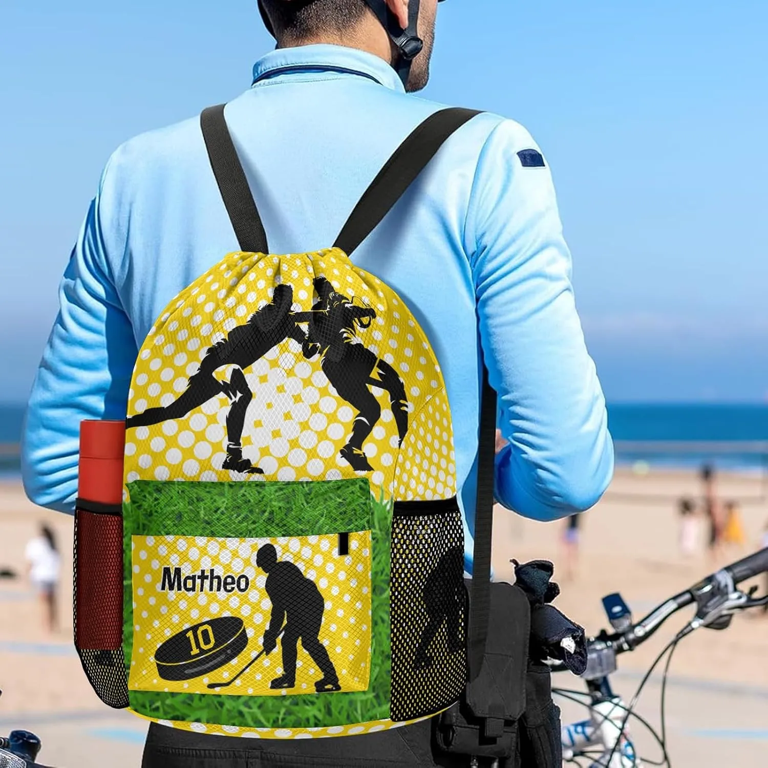 Personalized Drawstring Backpack FOOTBALL Ice Hockey Player Team Number Yellow Bags Sport Gym String Bag Sack Waterproof Swim Festivals Gift for Men Women Adult