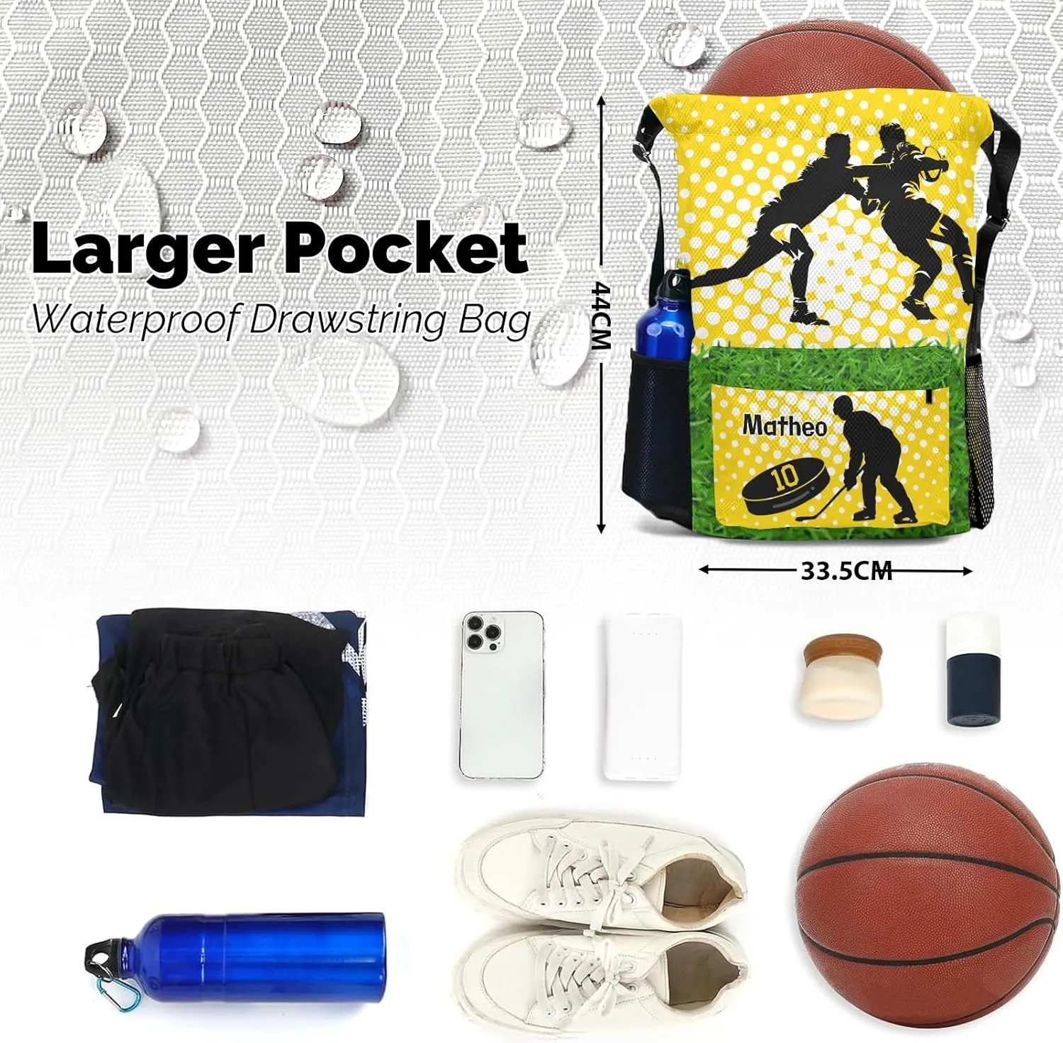 Personalized Drawstring Backpack FOOTBALL Ice Hockey Player Team Number Yellow Bags Sport Gym String Bag Sack Waterproof Swim Festivals Gift for Men Women Adult